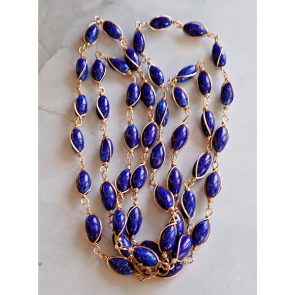 Lapis Lazuli Bead Copper Wire Wrapped Chain Link Long Single Strand Necklace 48" - Picture 5 of 14